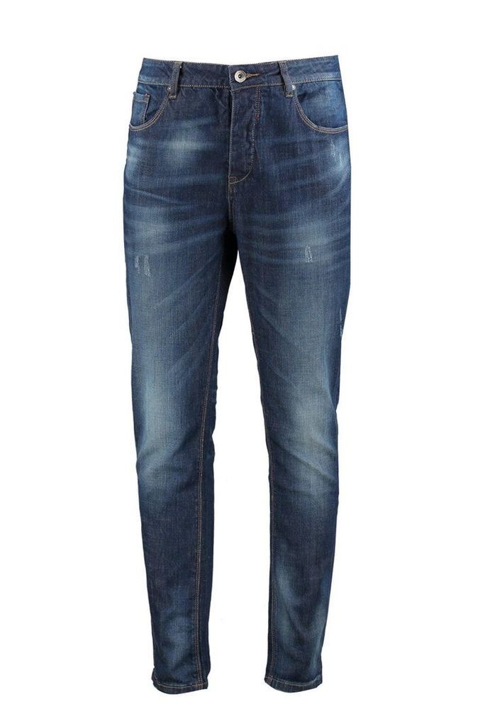 Fit Mid Wash Jeans With Sand Blasting - blue