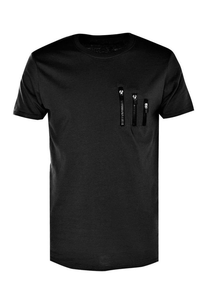 Zip T Shirt With Curve Hem - black