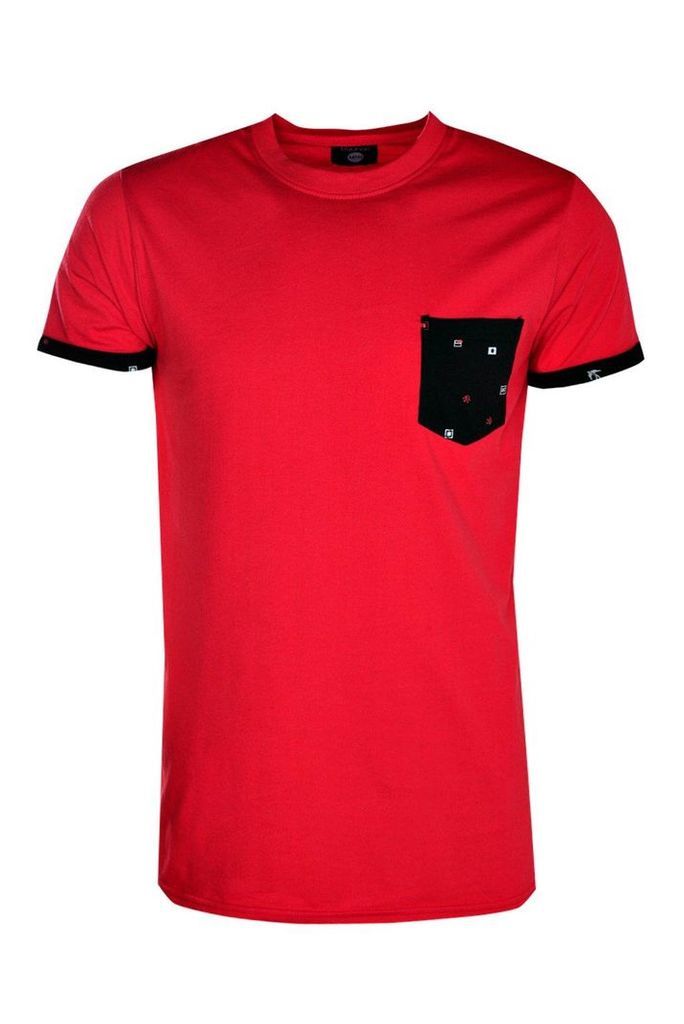 Sleeve Pocket T Shirt With Print - red