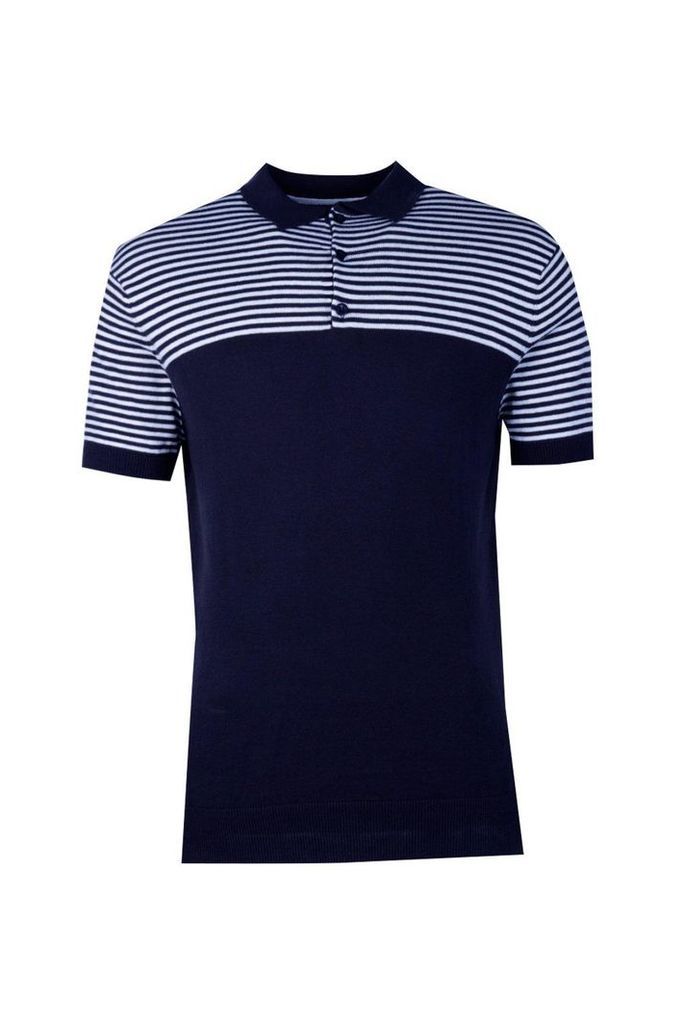 Sleeve Knitted Polo With Contrast Stripe Yoke - navy