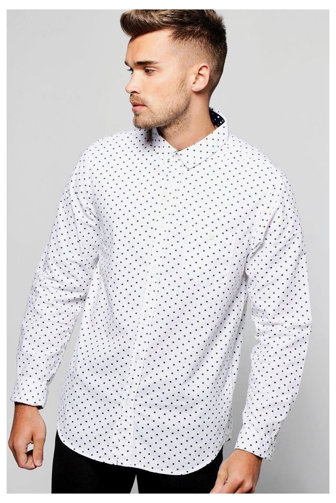 Long Sleeve Polka Dot Print Shirt - white