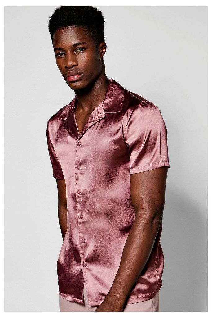Sleeve Revere Collar Sateen Shirt - burgundy