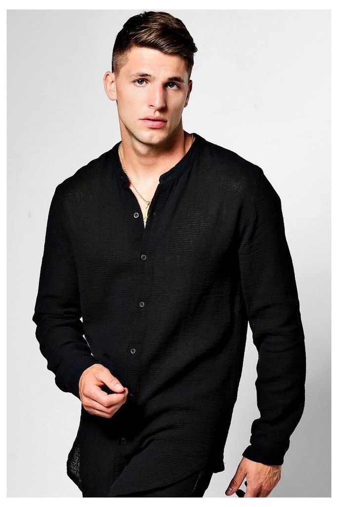 Sleeve Button Linen Blend Knitted Shirt - black