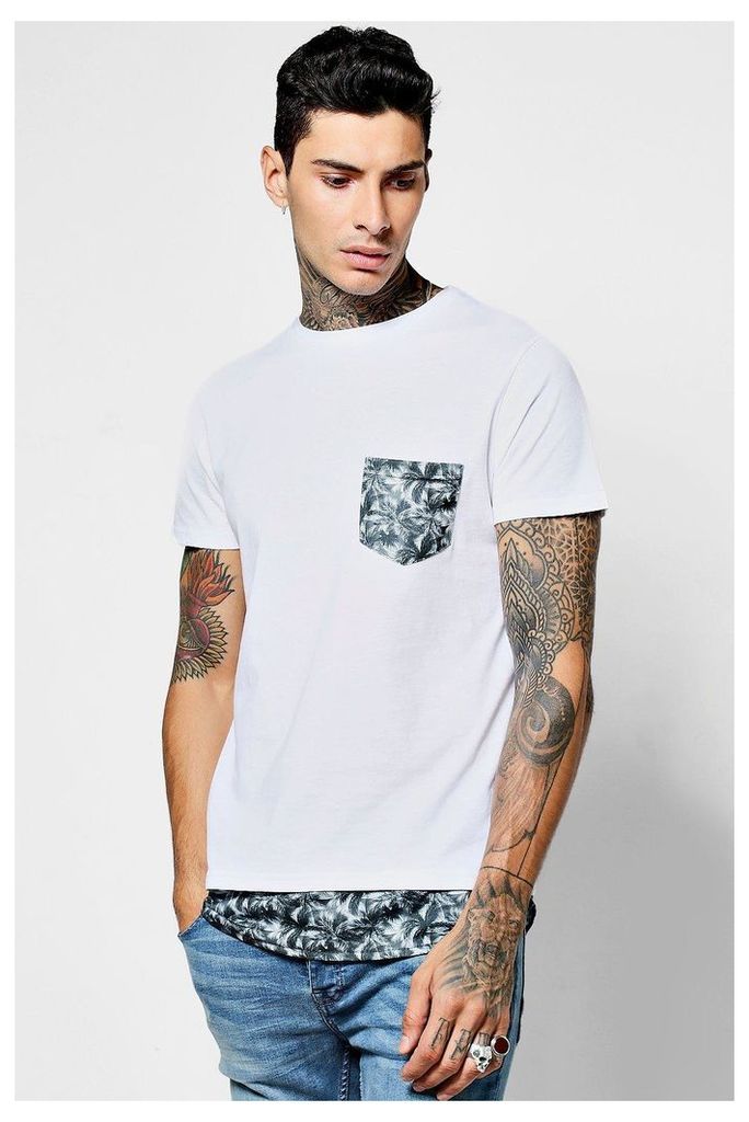 T-Shirt With Palm Print Pocket - white