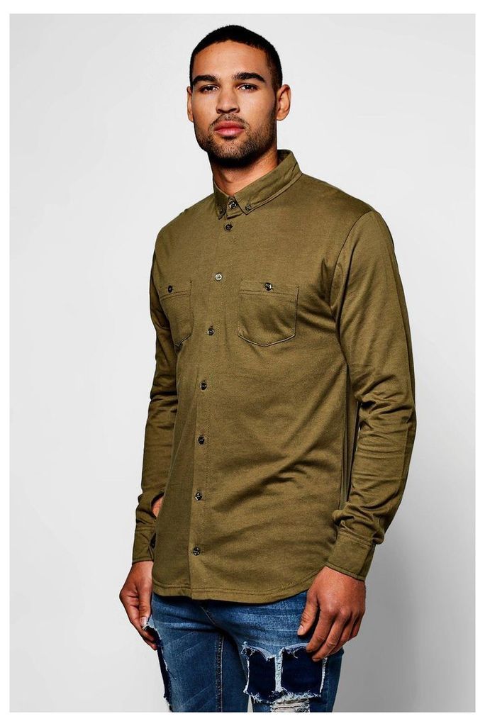Sleeve Double Pocket Jersey Shirt - olive