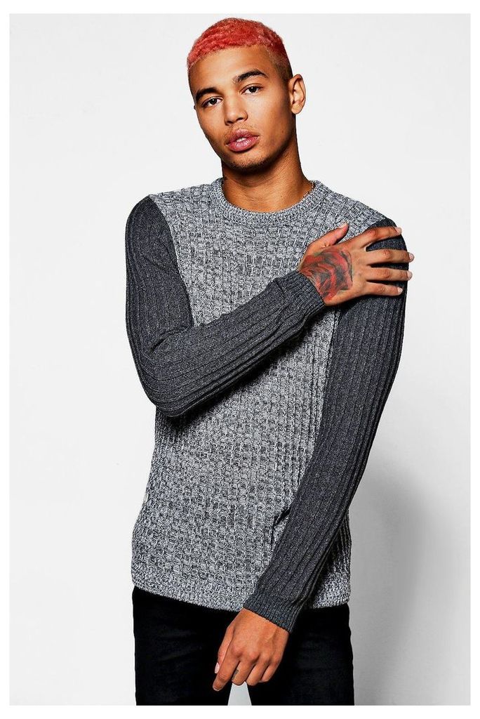 Ribbed Jumper With Contrast Sleeve - grey