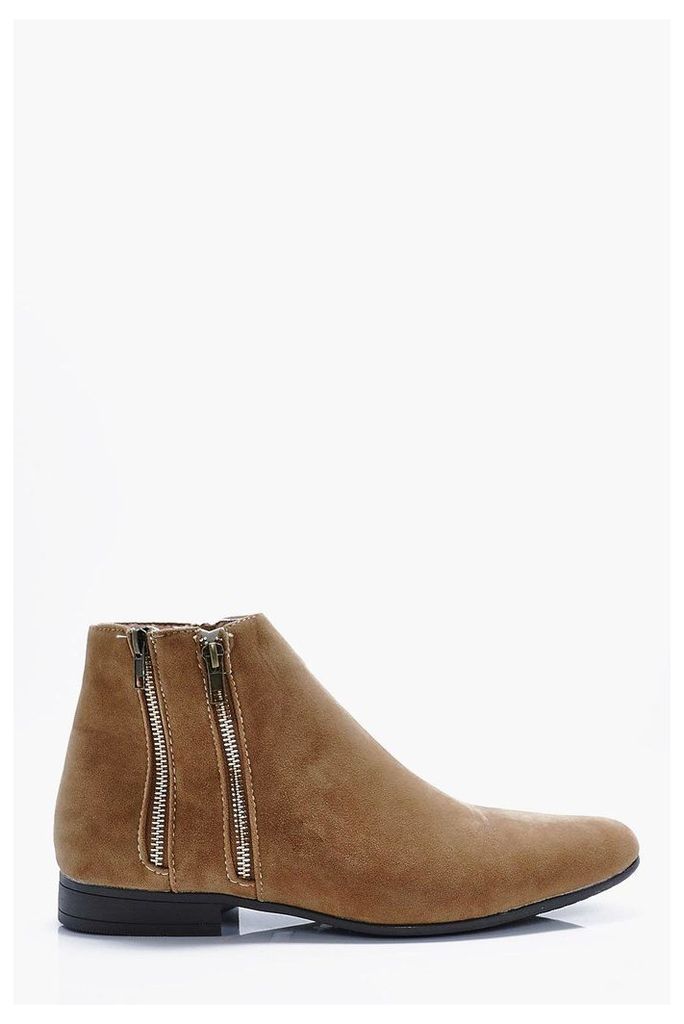 Suede Double Zip Detail Chelsea Boots - tan