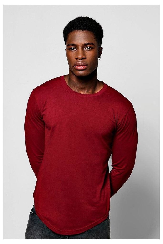 Sleeve Longline Scoop T-Shirt - burgundy