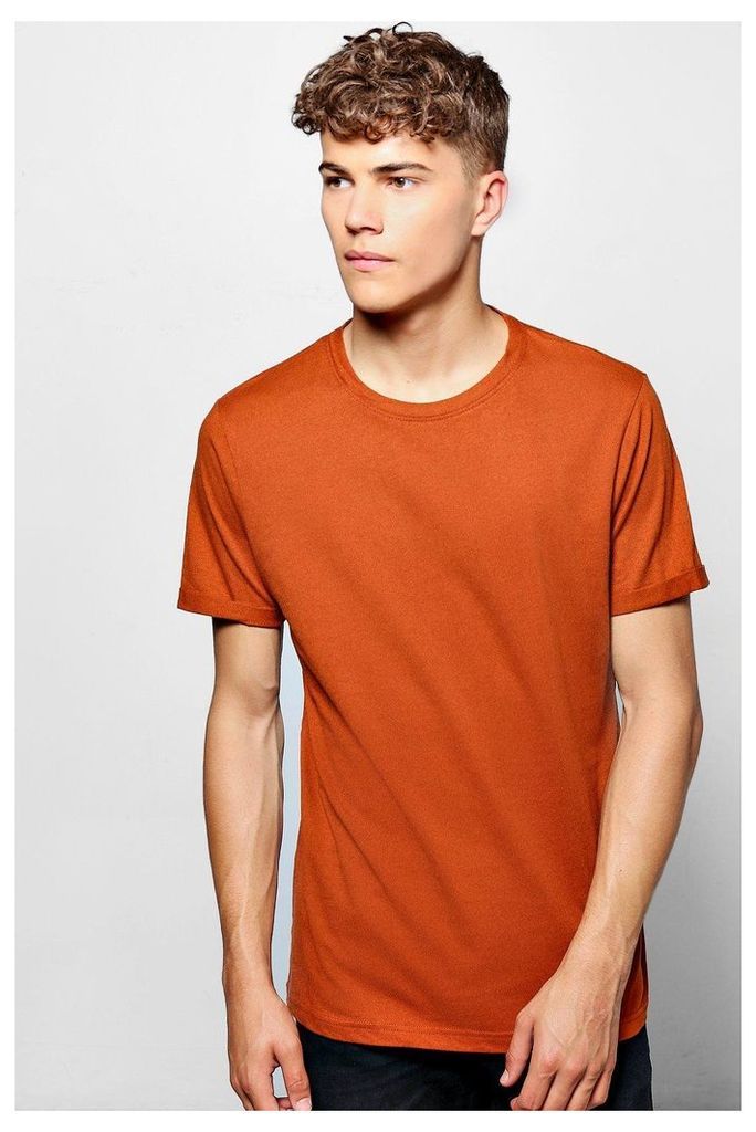 Neck T-Shirt With Rolled Sleeves - rust