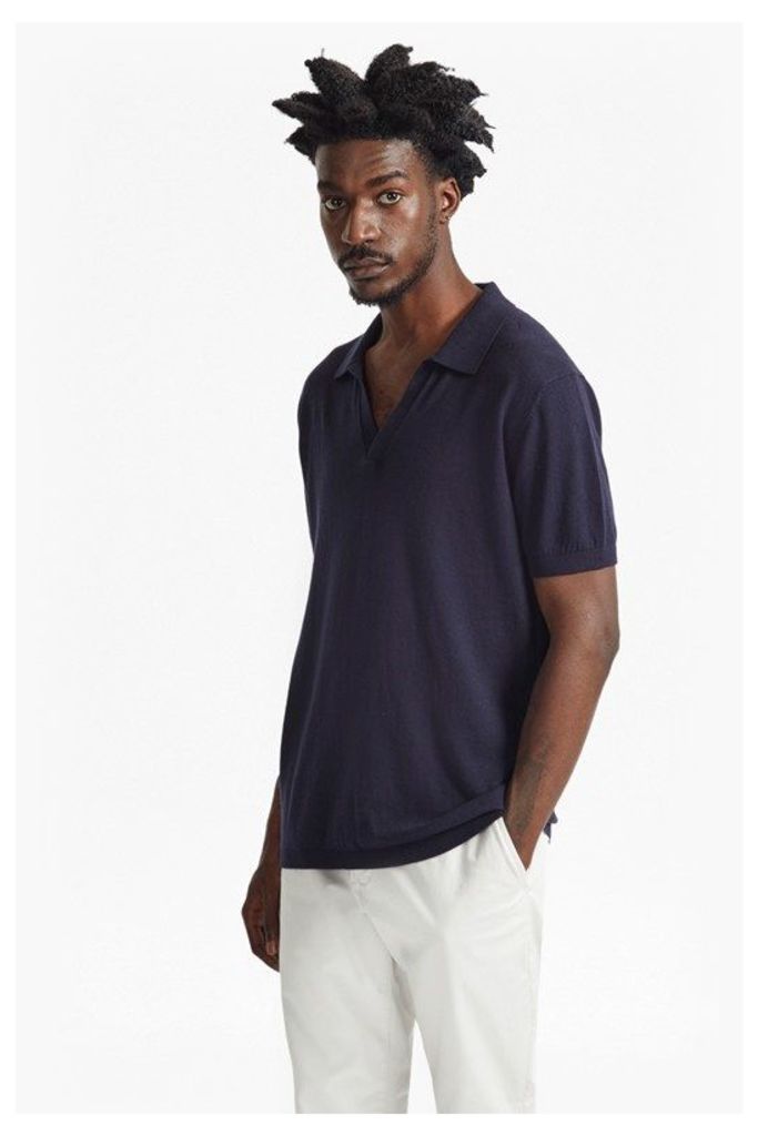 OPEN COLLAR KNITTED POLO SHIRT - Marine Blue