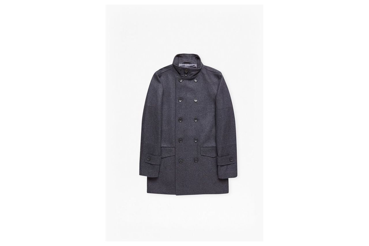 Double Breasted Funnel Neck Coat - charcoal mel