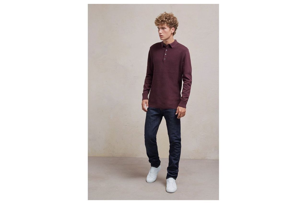 Textured Knit Long Sleeved Polo Shirt - bordeaux