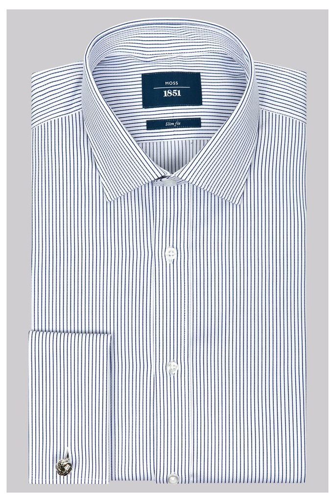 Moss 1851 Slim Fit Navy and White Double Cuff Textured Stripe Shirt