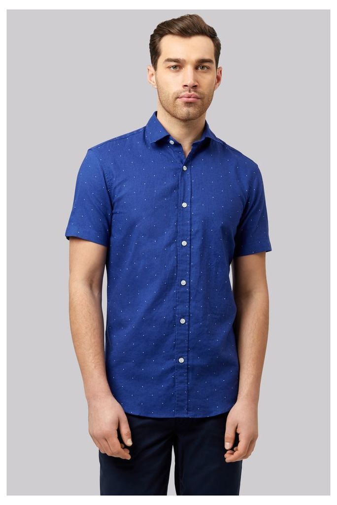 Moss 1851 Slim Fit Blue Linen Short Sleeve Printed Casual Shirt