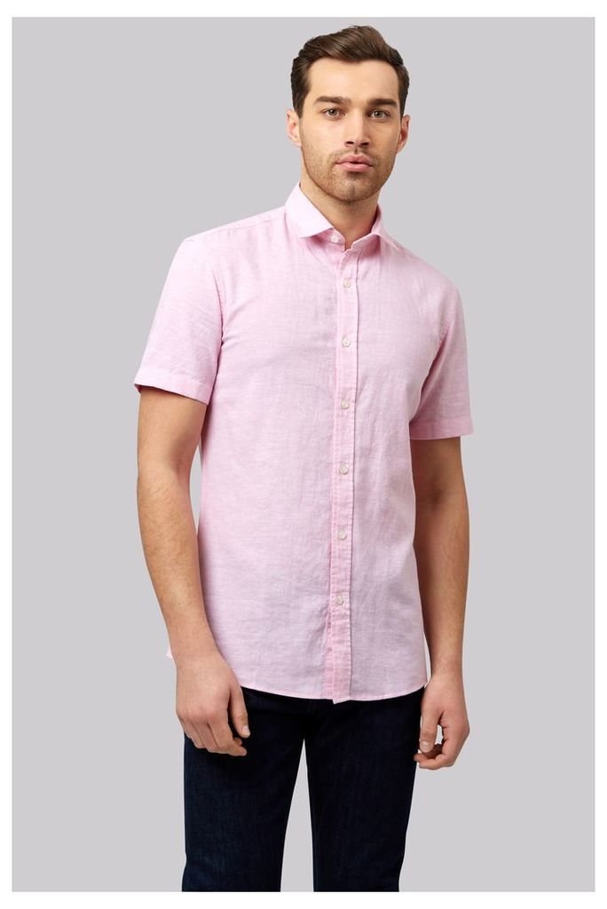 Moss 1851 Slim Fit Pink Linen Short Sleeve Casual Shirt