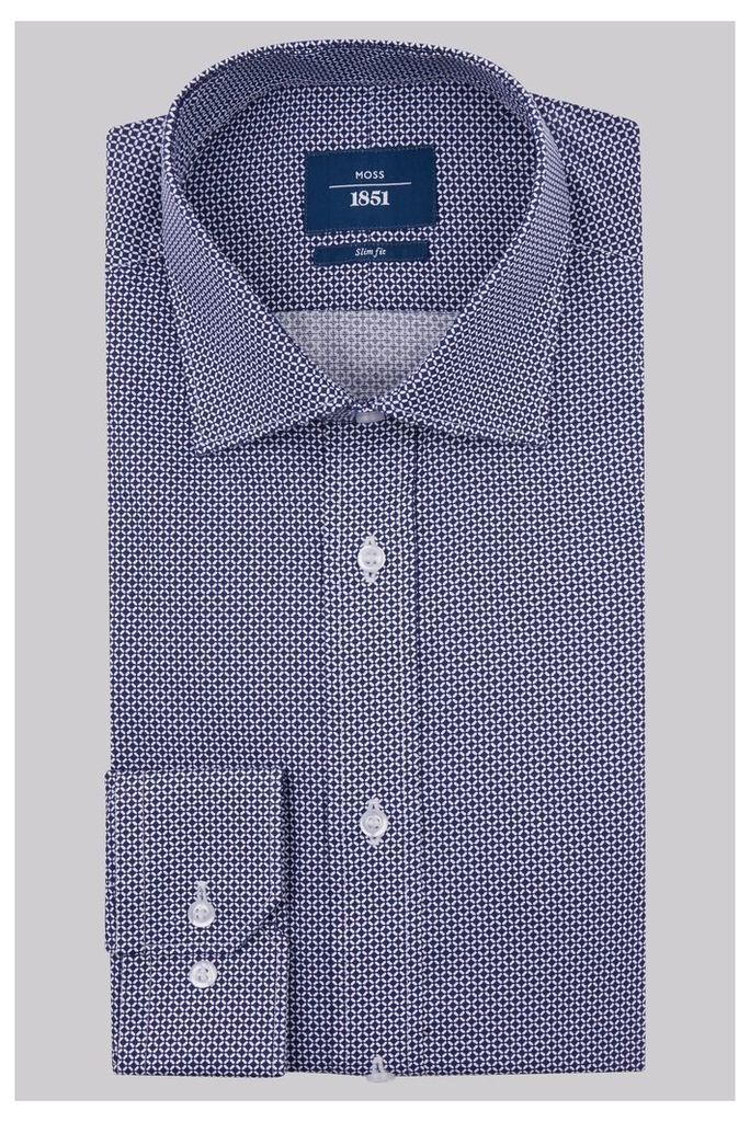 Moss 1851 Slim Fit Navy Single Cuff Geo Print Shirt