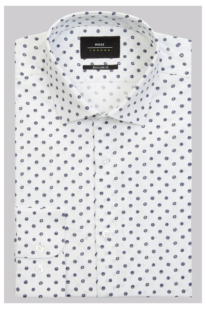Moss London Extra Slim Fit White & Navy Single Cuff Spot Stretch Shirt