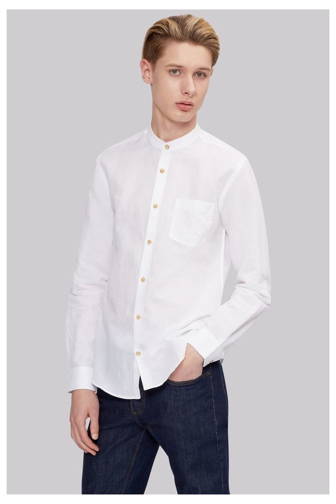 Moss London Extra Slim Fit White Linen Grandad Collar Casual Shirt