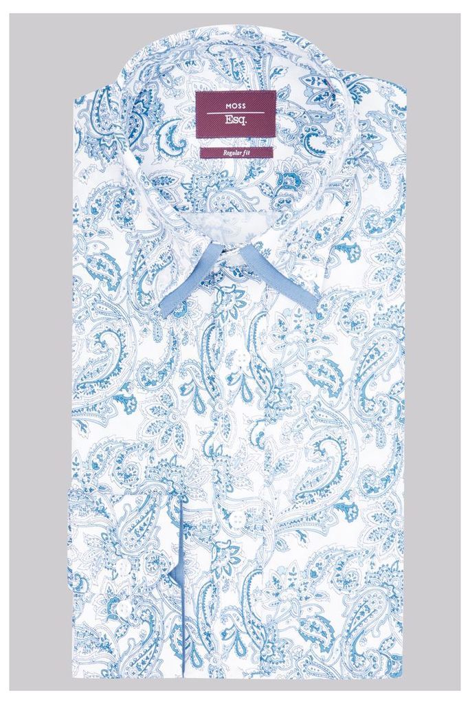 Moss Esq. Regular Fit Blue Single Cuff Paisley Double Collar Shirt