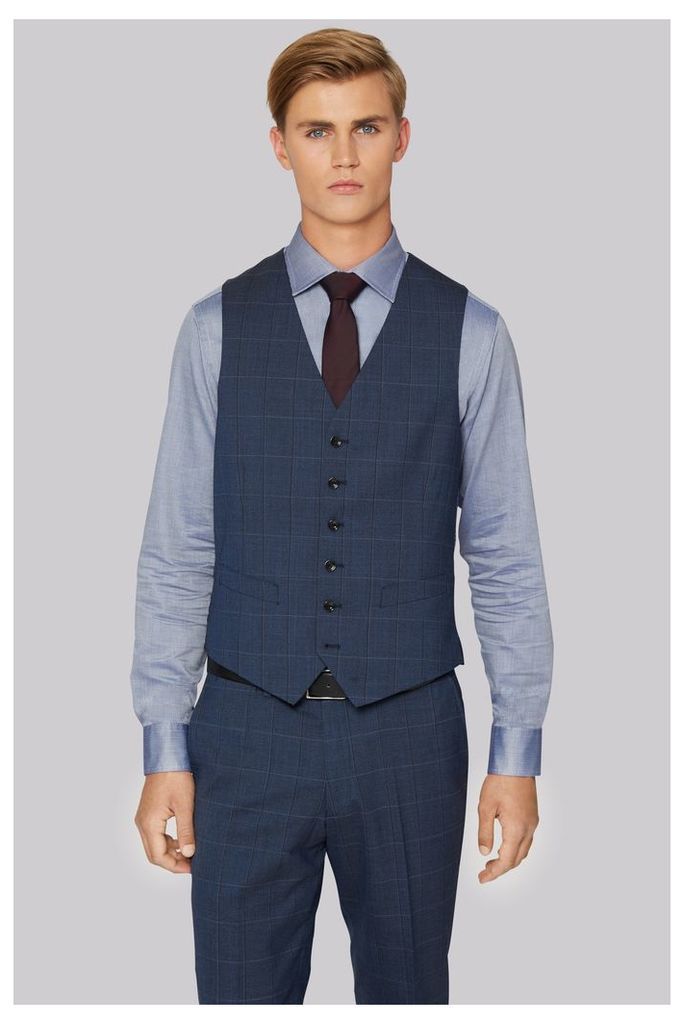 Hardy Amies Tailored Fit Blue Melange Check Waistcoat