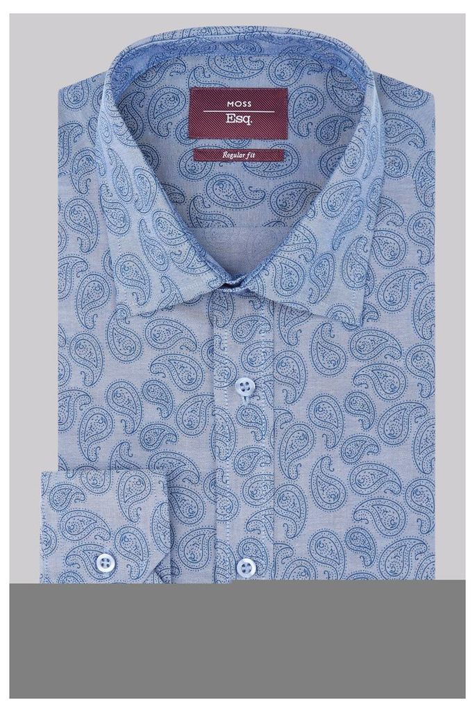 Moss Esq. Regular Fit Blue Single Cuff Chambray Paisley Print  Shirt