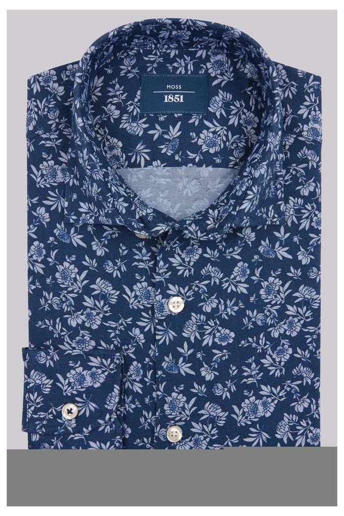 Moss 1851 Slim Fit Navy Floral Print Casual Shirt