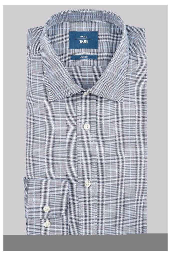 Moss 1851 Slim Fit Blue Single Cuff Check Shirt