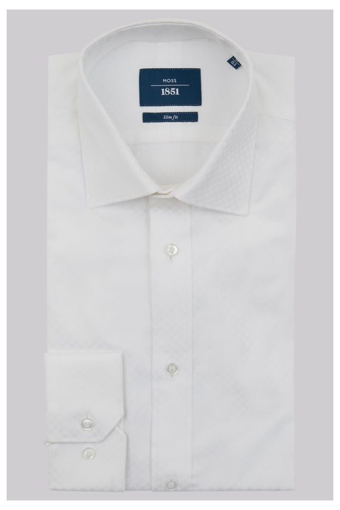 Moss 1851 Slim Fit White Single Cuff Jacquard Spot Shirt