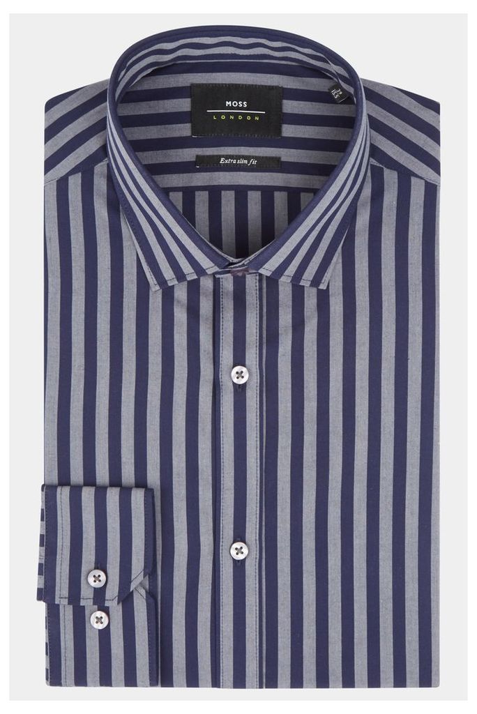 Moss London Extra Slim Fit Navy & Grey Single Cuff Stripe Shirt
