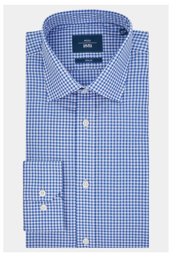 Moss 1851 Slim Fit Blue Single Cuff Check Shirt