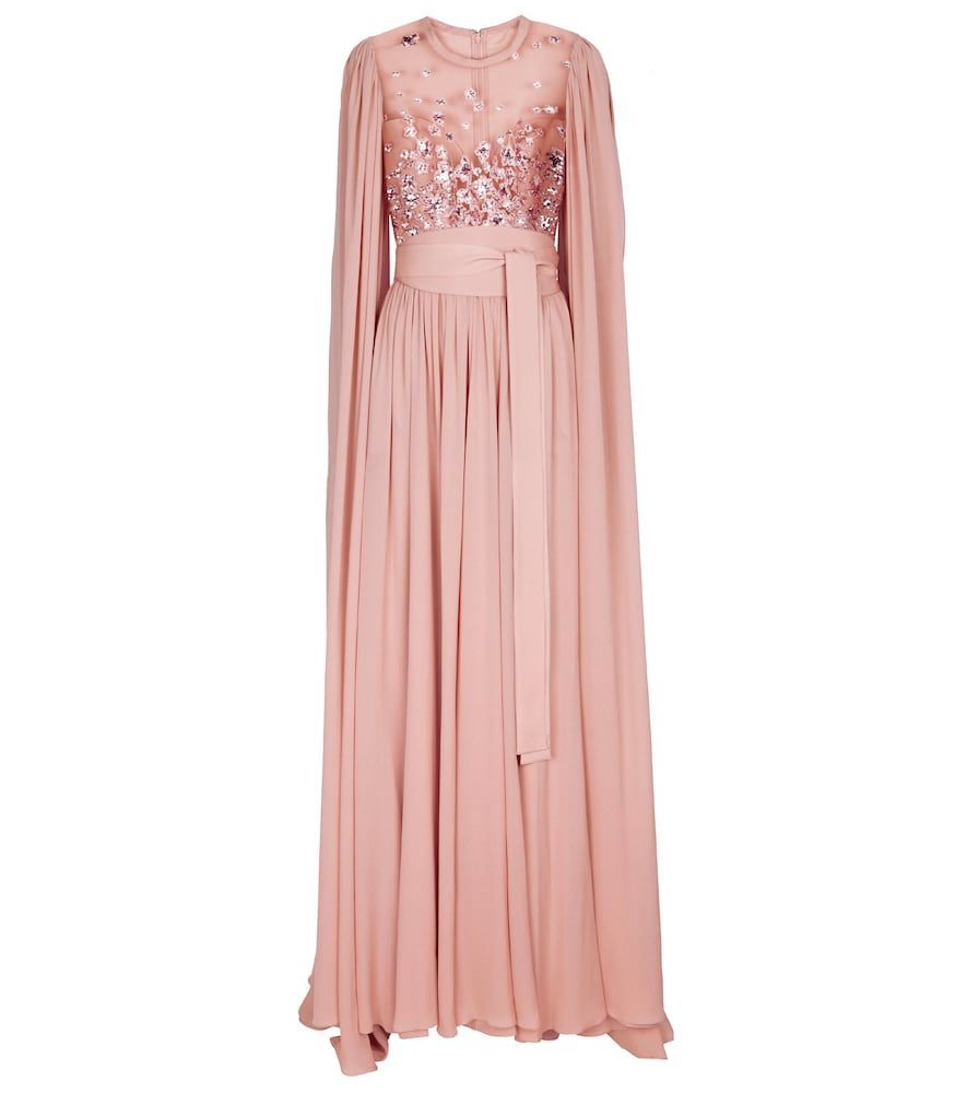 Sequined silk-blend cape gown