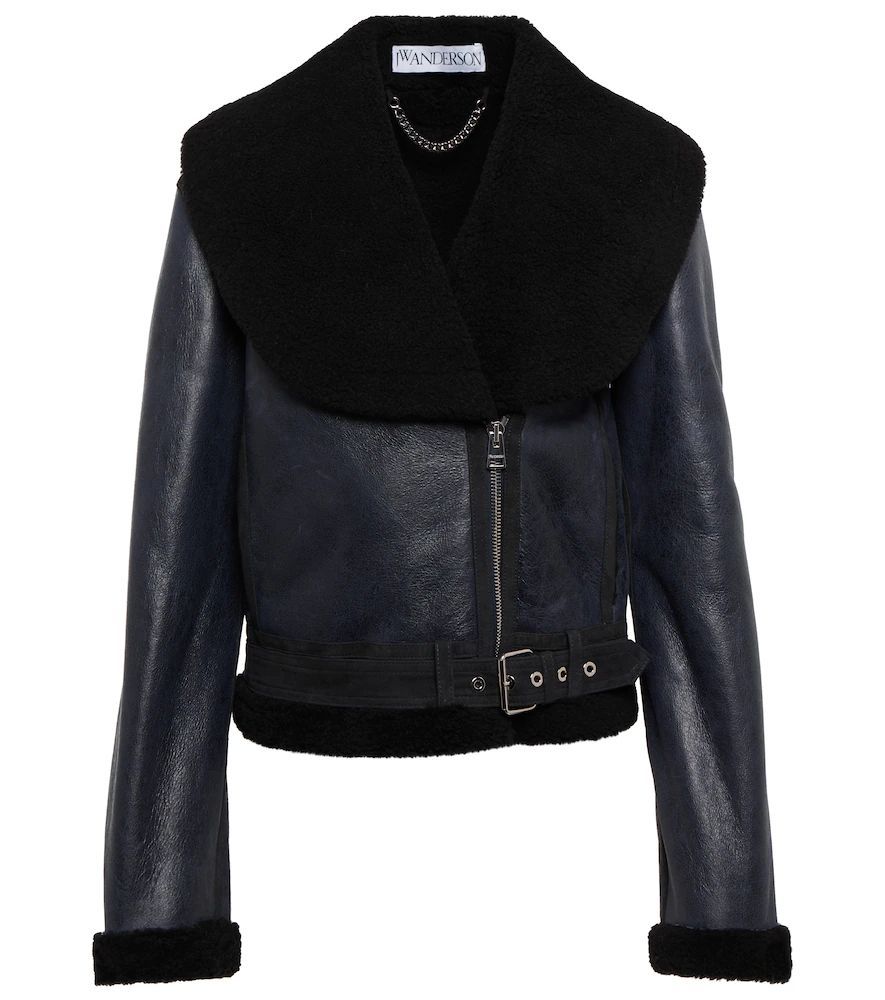 Shearling-trimmed leather biker jacket