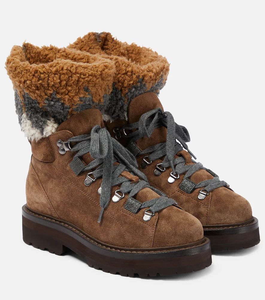 Suede shearling-trimmed hiking boots