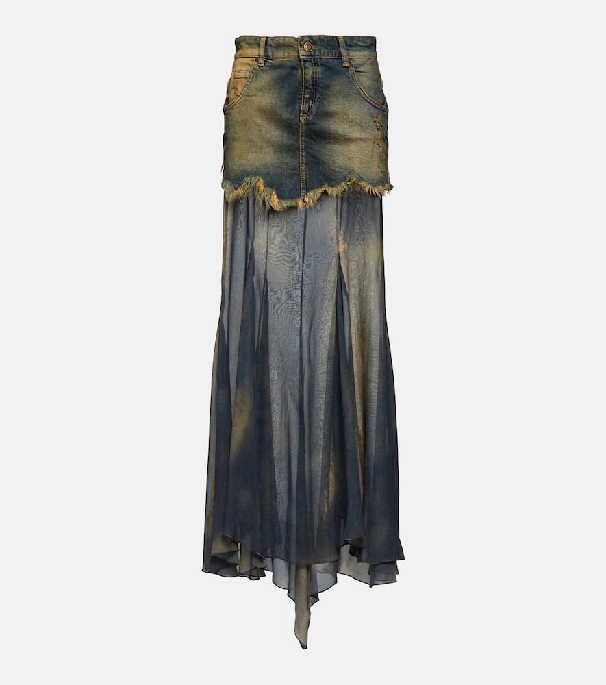 Denim and silk chiffon maxi skirt