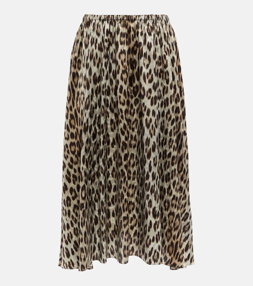 High-rise leopard-print silk midi skirt