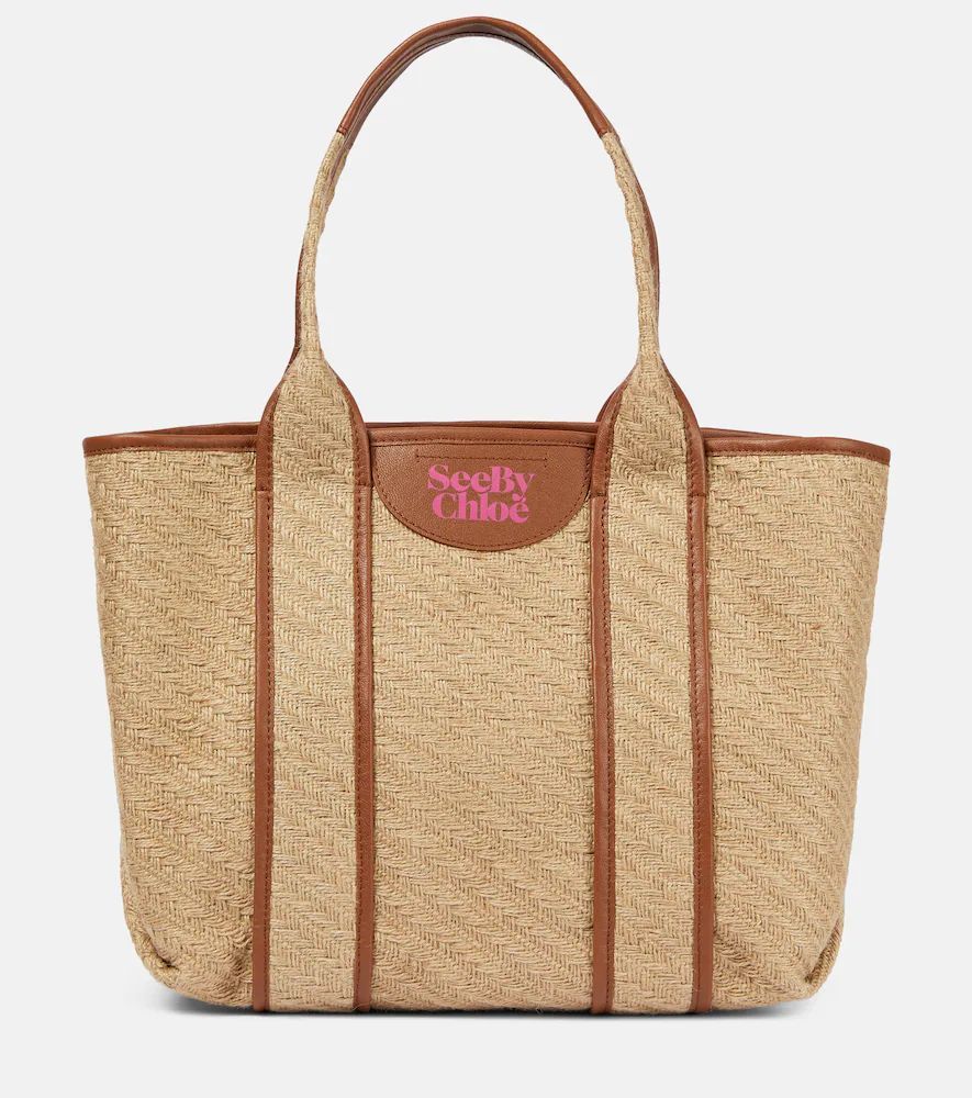 Leather-trimmed jute tote bag
