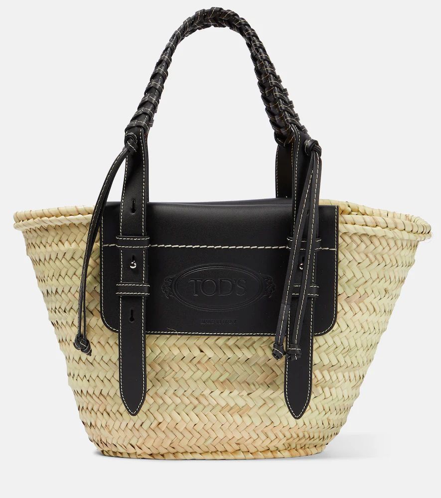 Leather-trimmed raffia basket bag