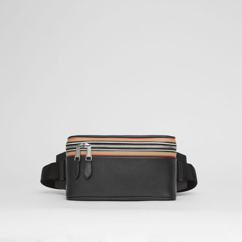 Icon Stripe Print Leather Cube Bum Bag, Black