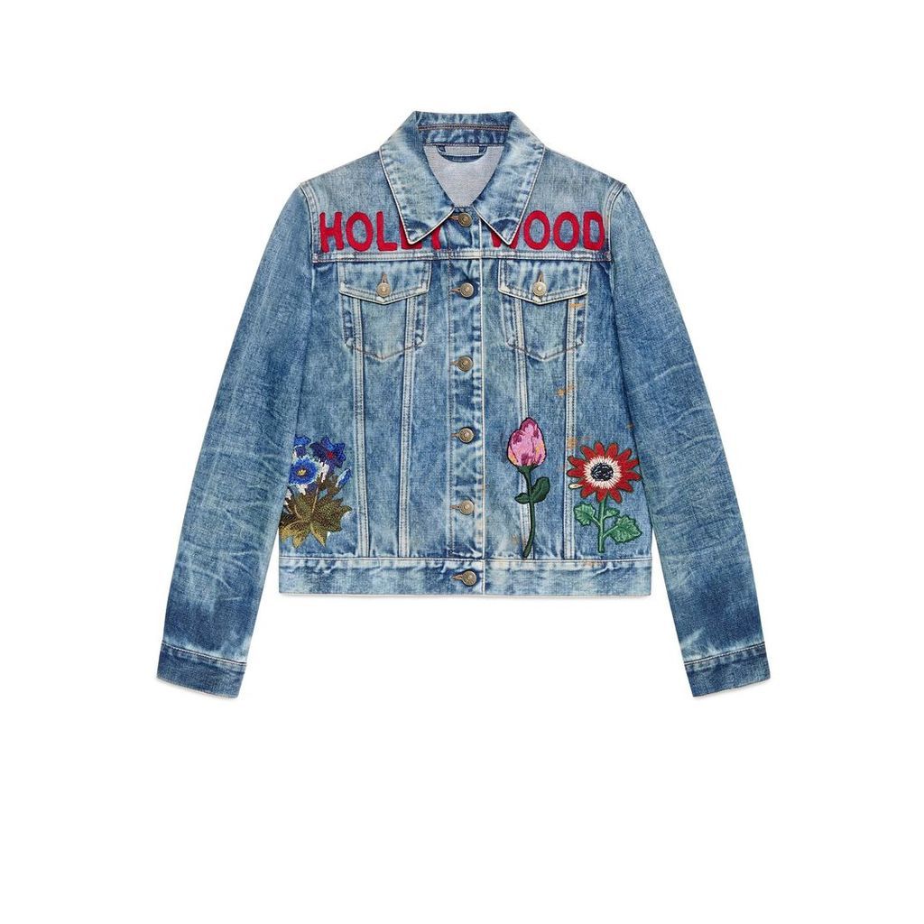 Embroidered stained denim jacket