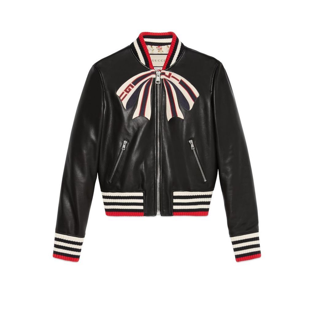 Leather bomber jacket with Gucci bow