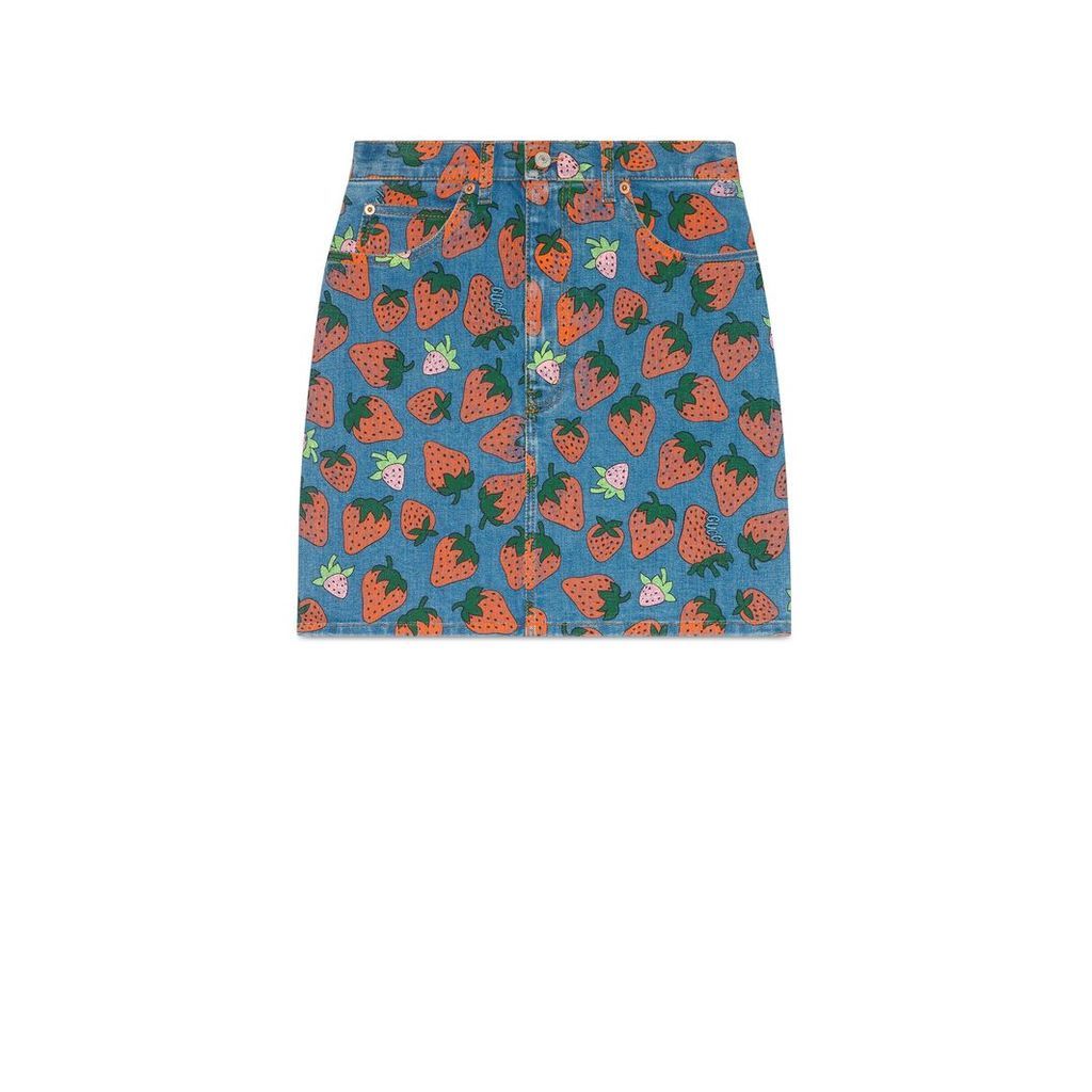 Denim skirt with Gucci Strawberry print