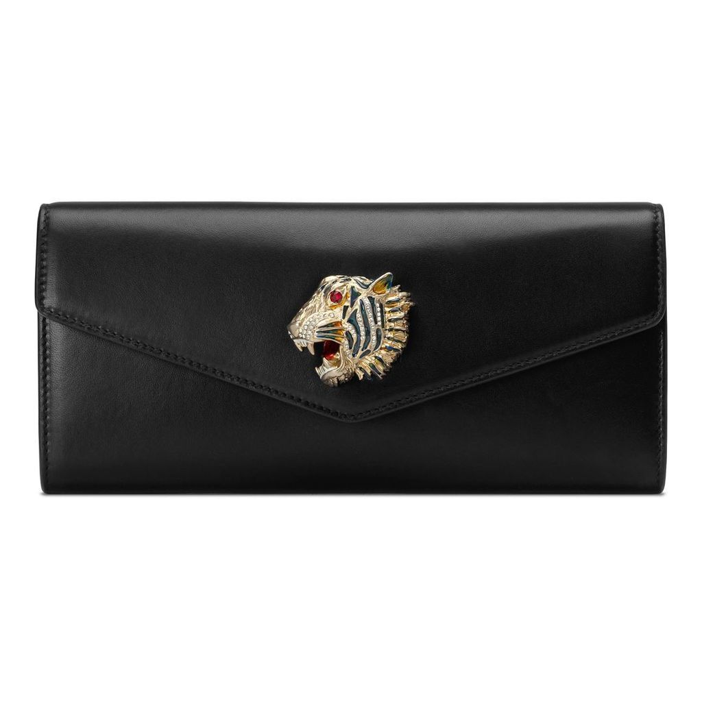 Broadway leather clutch with tiger
