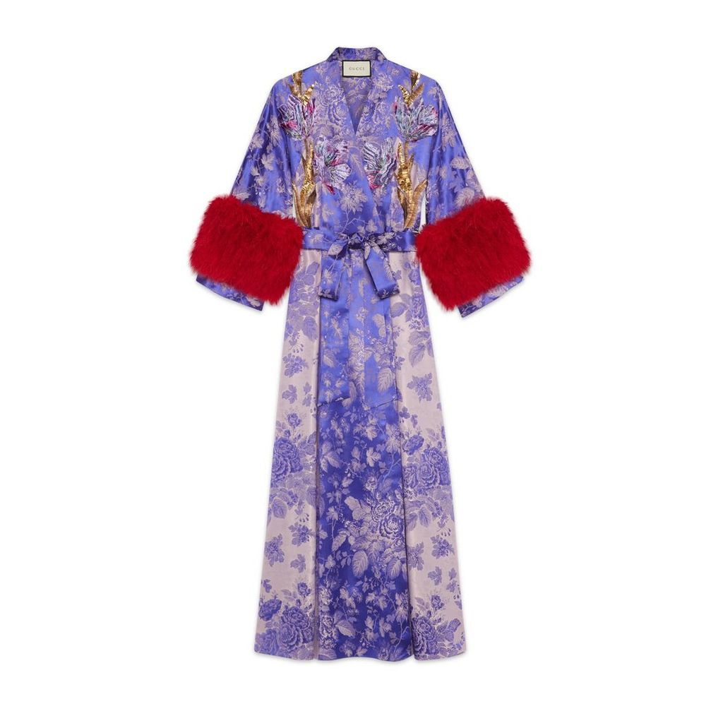Floral jacquard wrap dress with feathers