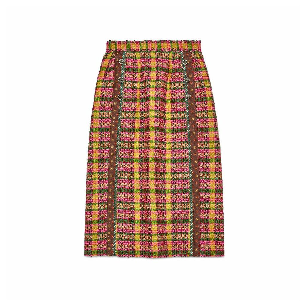 Check tweed skirt with silk trims