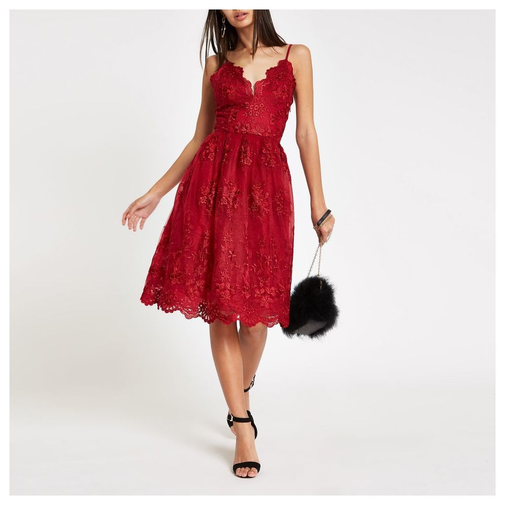 River Island Womens Chi Chi London Red lace floral prom dress