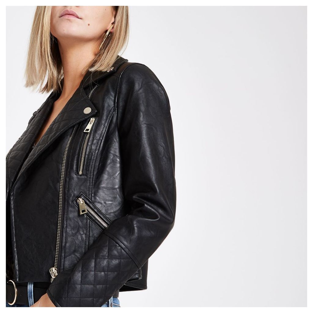Womens Petite Black faux leather biker jacket