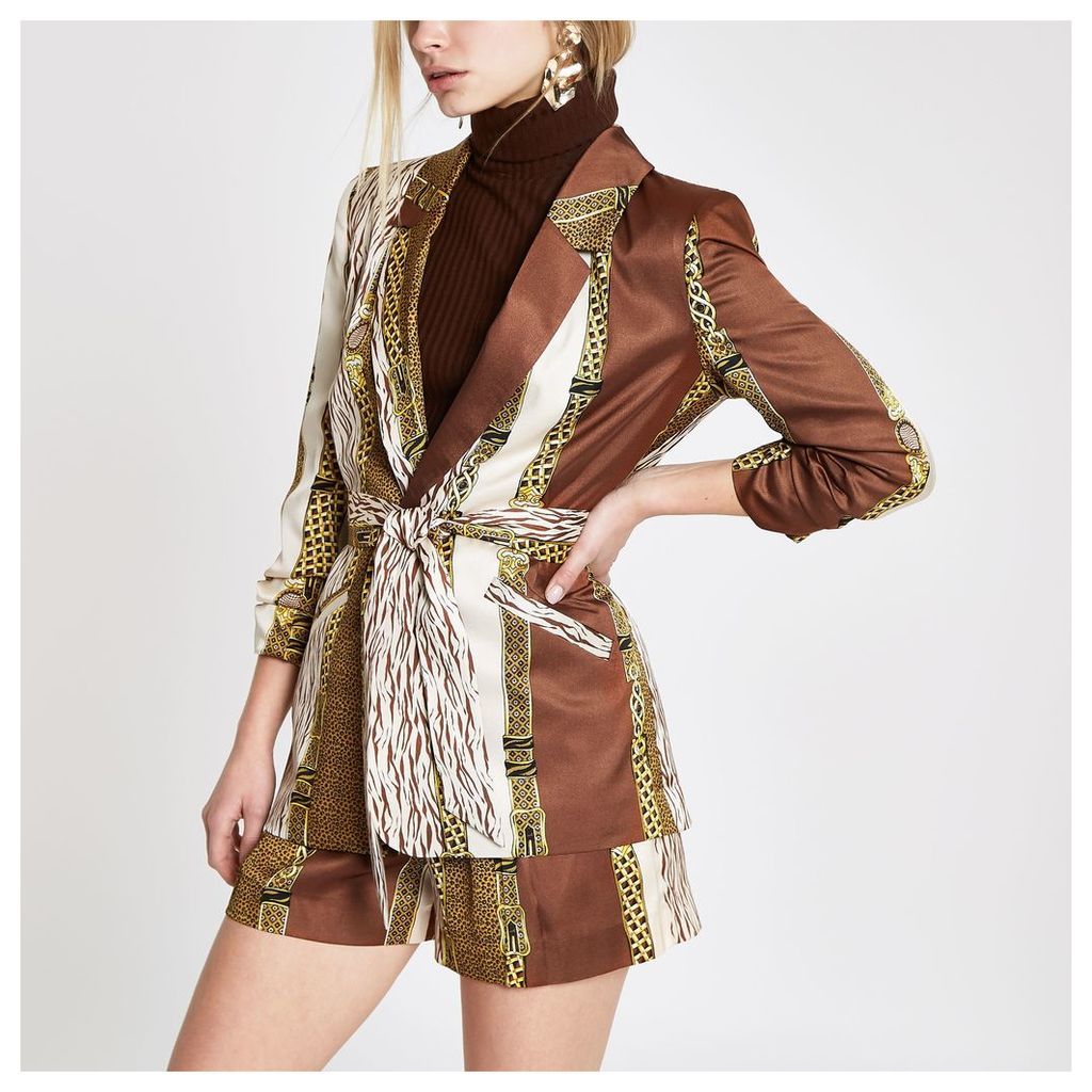 River Island Womens Brown mixed print belted ruched blazer