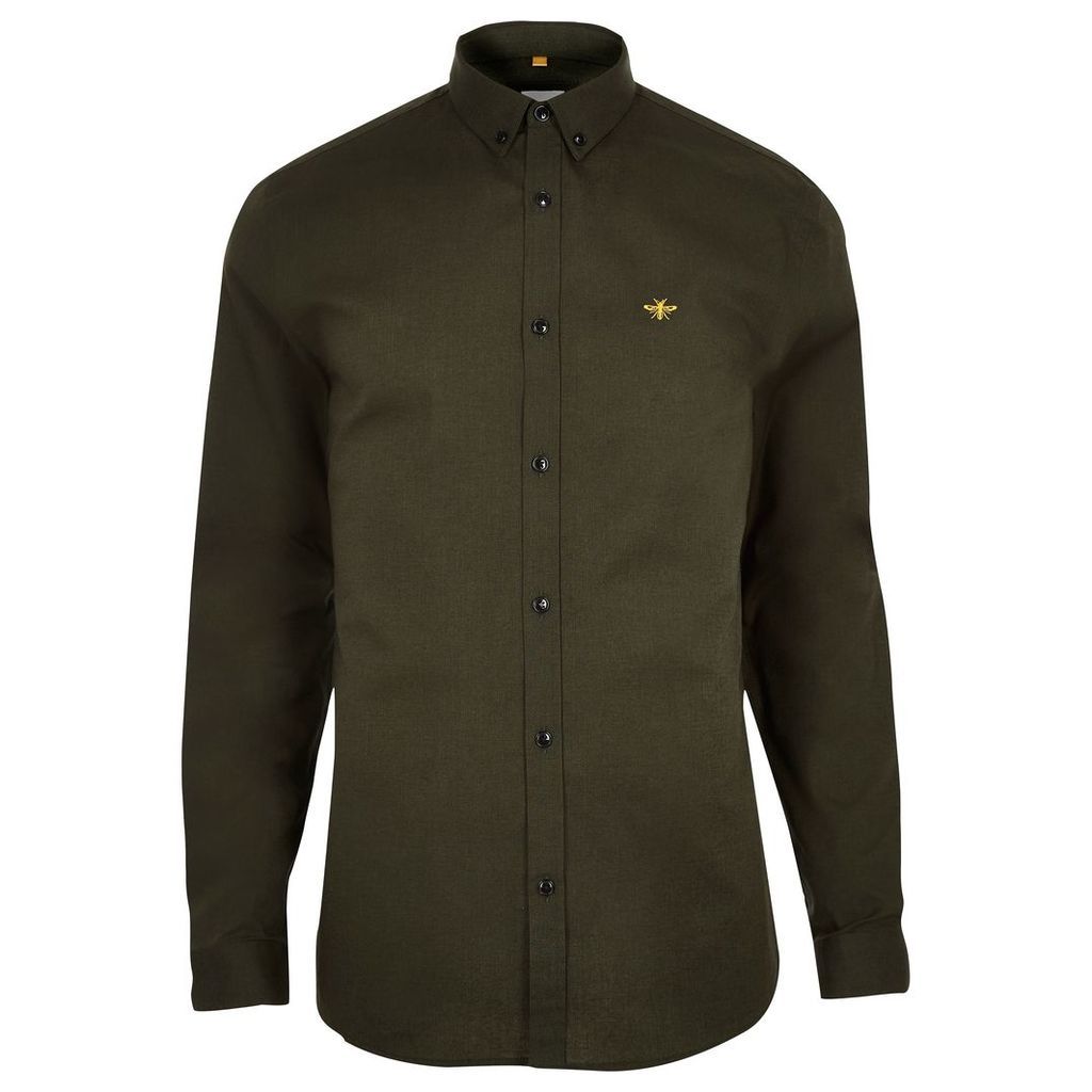 Mens River Island Khaki muscle fit embroidered Oxford shirt