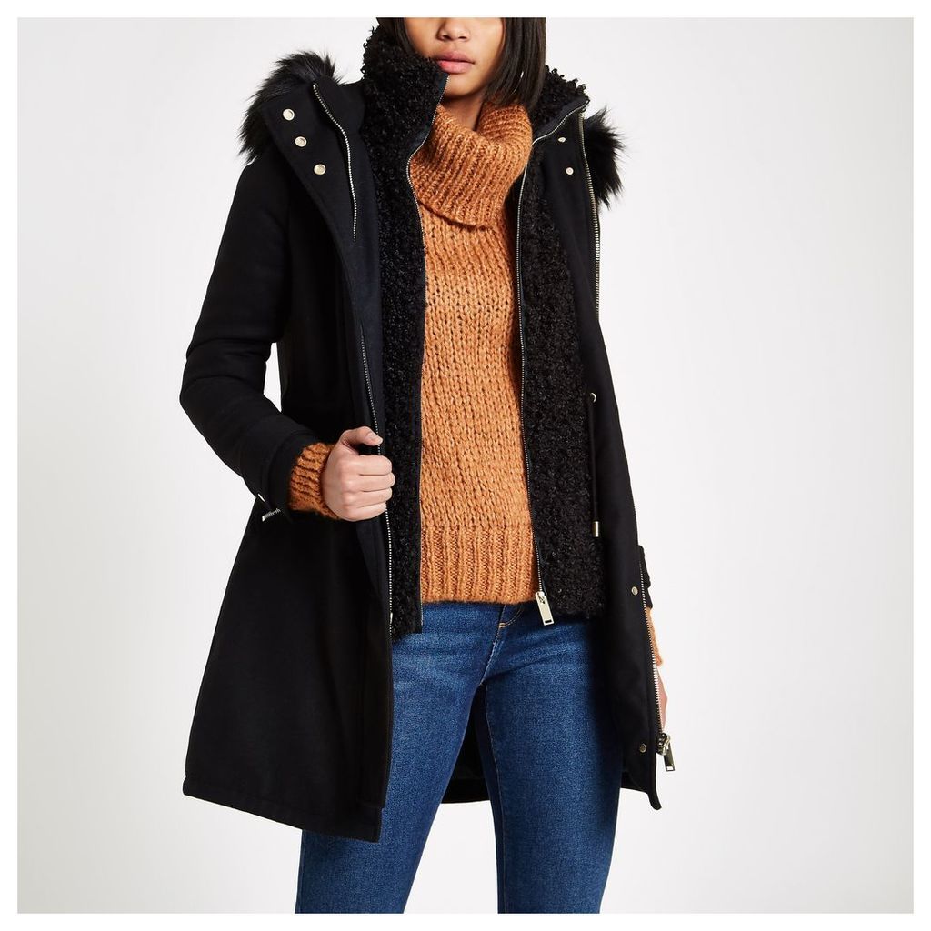 River Island Womens Black faux shearling double layer coat