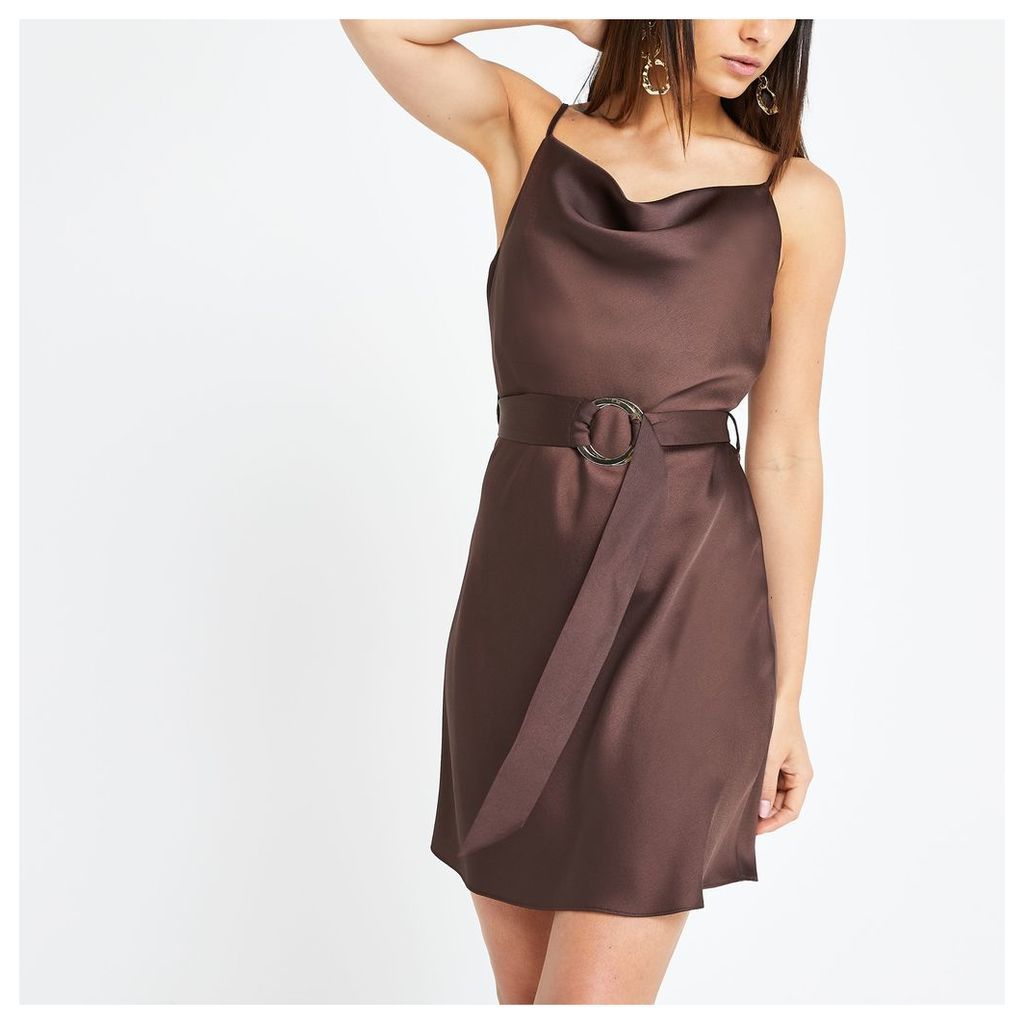 Womens Petite Brown cowl neck belted slip dress